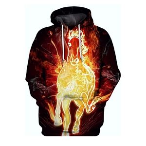 Womens/Men's Large Black With Horse in Flames 3D Print Hoodie With Pockets